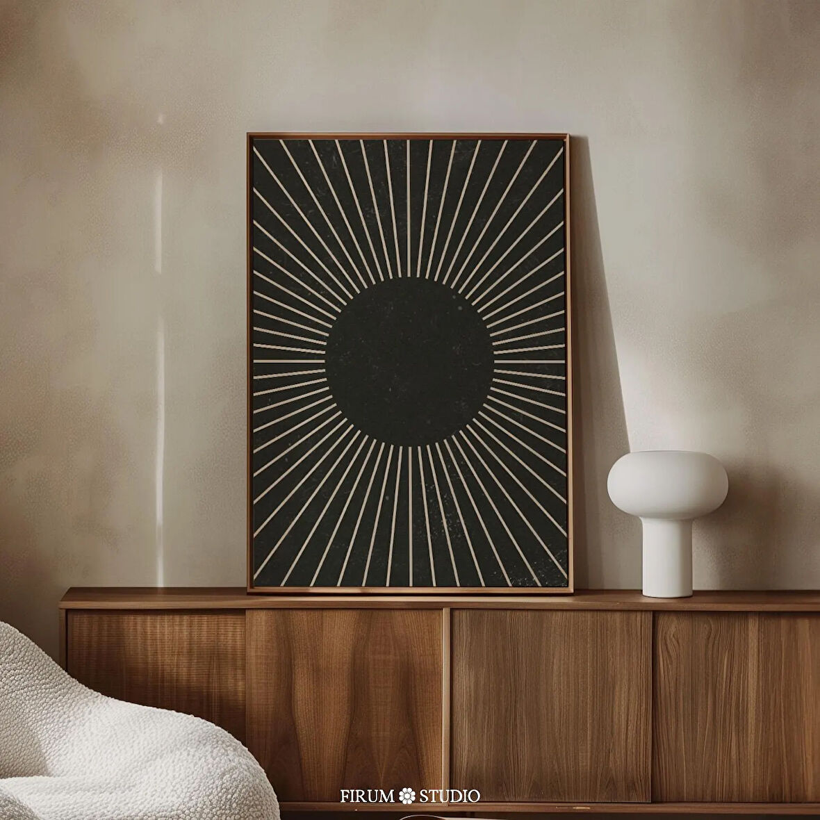 Sunburst Duvar Dekoru, Siyah ve Bej, Orta Yüzyıl Modern, Minimalist Çizgiler Sanatı