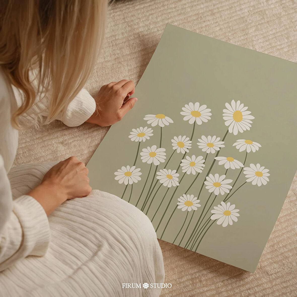 Adaçayı Yeşili Papatyalar Duvar Sanatı