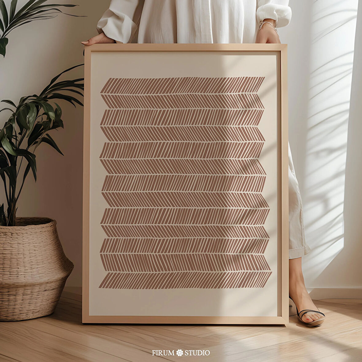 Boho Minimalist Kahverengi Geometrik Çizgili Sanat