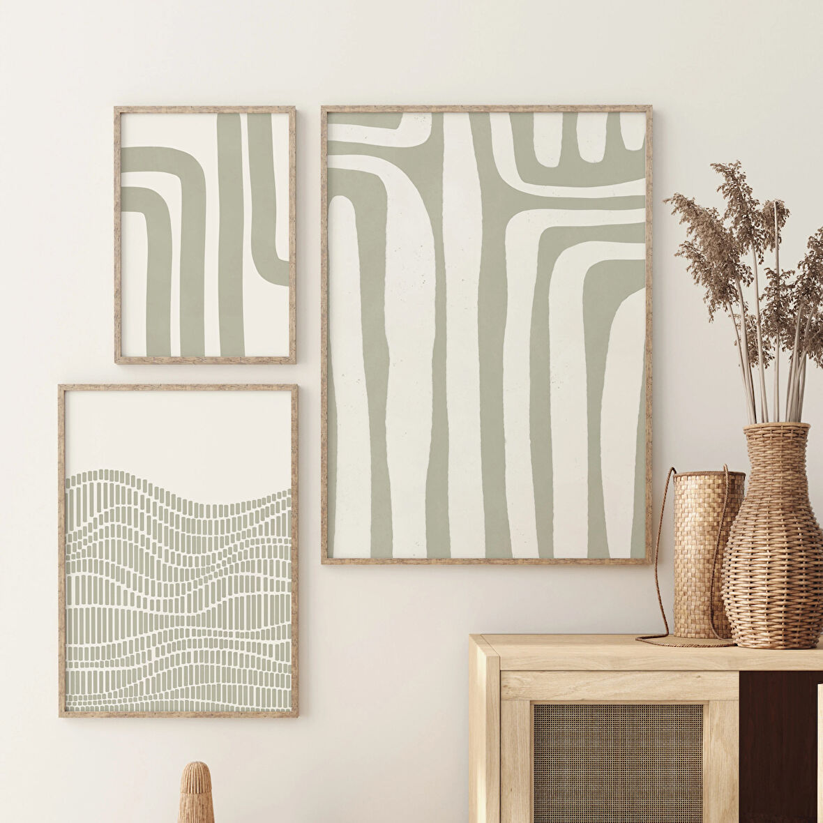 Adaçayı Yeşili Seti, 3'lü Duvar Sanatı Seti, 3'lü Set, Adaçayı Yeşili Dekor, Fırça Darbeleri Sanatı