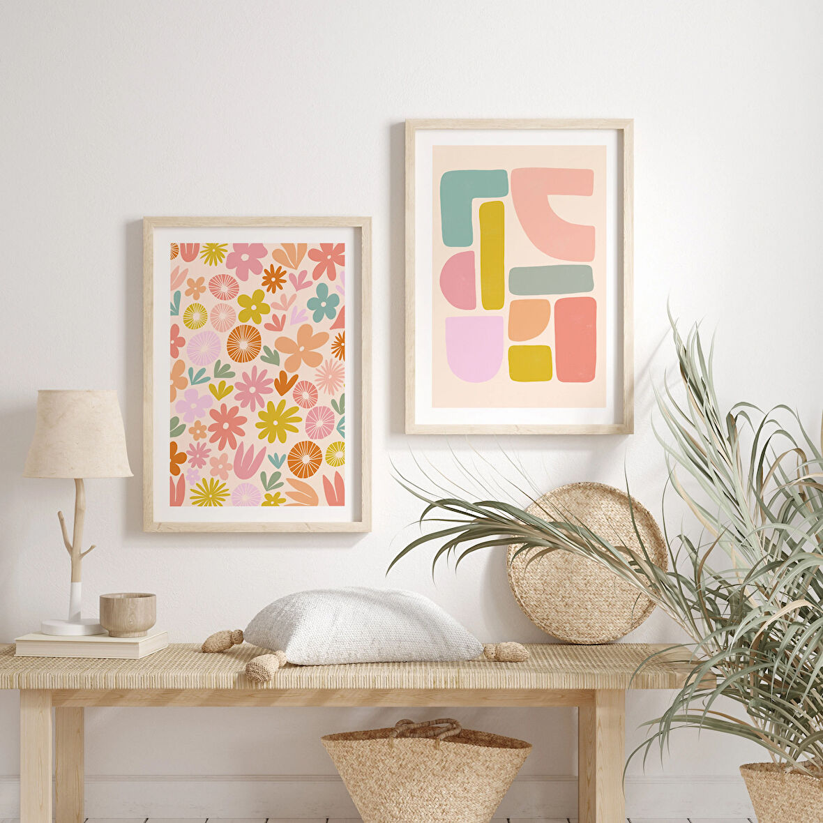 Boho 2'li Set, Soyut Şekiller, 2 Parçalı Duvar Sanatı, Boho Sanatı