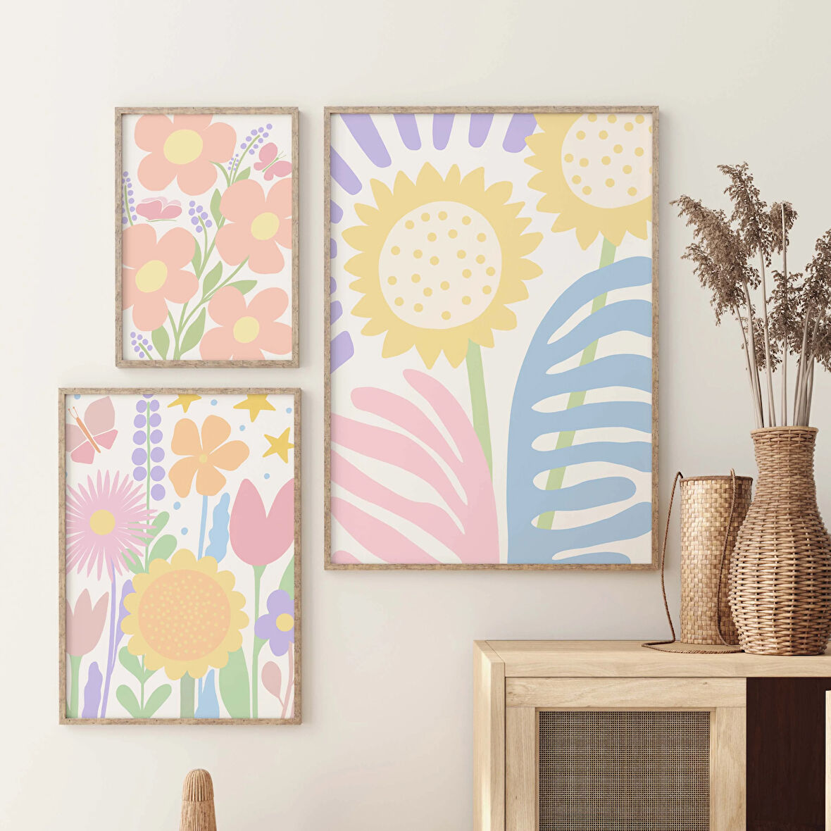Danimarka Pastel Dekoru, 3'lü Set, Çiçek İllüstrasyonu, Pastel Set