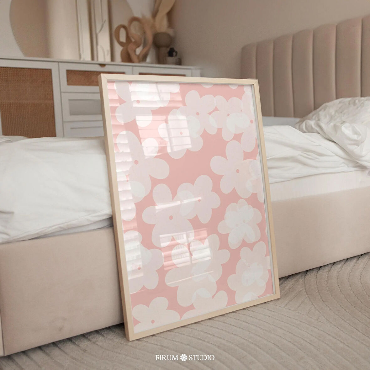 Papatyalar Duvar Sanatı, Pastel Pembe Duvar Sanatı, Bohem Sanatı, Pembe Duvar Yurt Dekoru