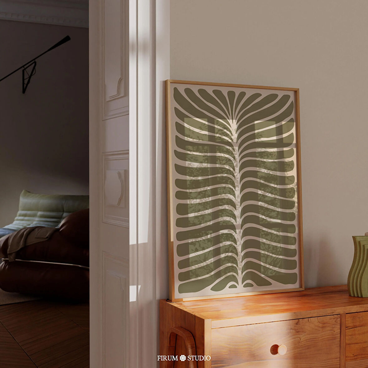 Orta Yüzyıl Modern Botanik Sanatı - Minimalist Bej ve Sönük Yeşil Dekor | Soyut Organik Çizgi Sanatı Poster |