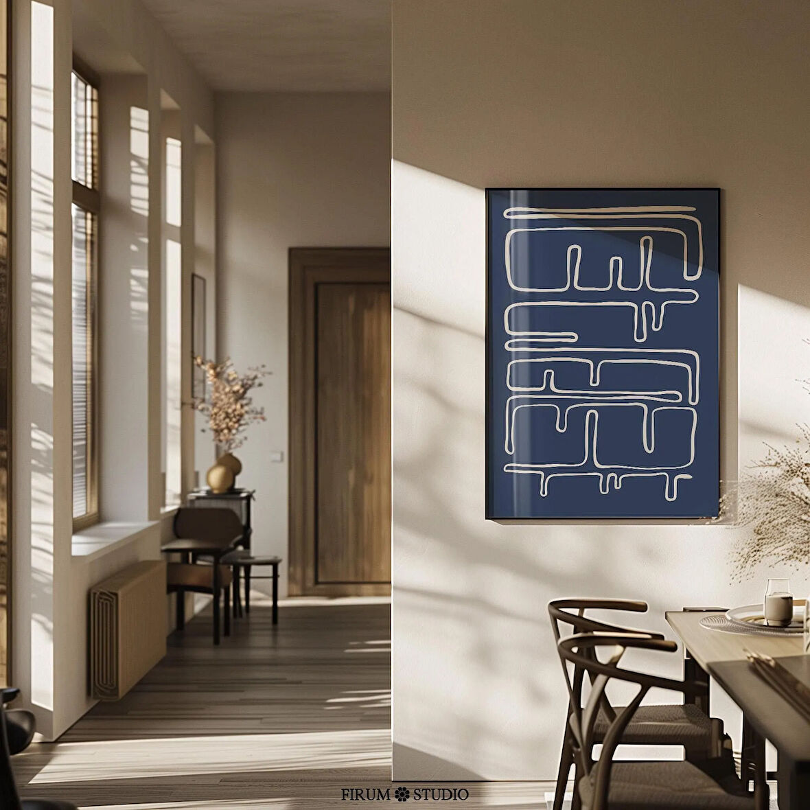 Minimalist Soyut Çizgiler Lacivert Duvar Sanatı