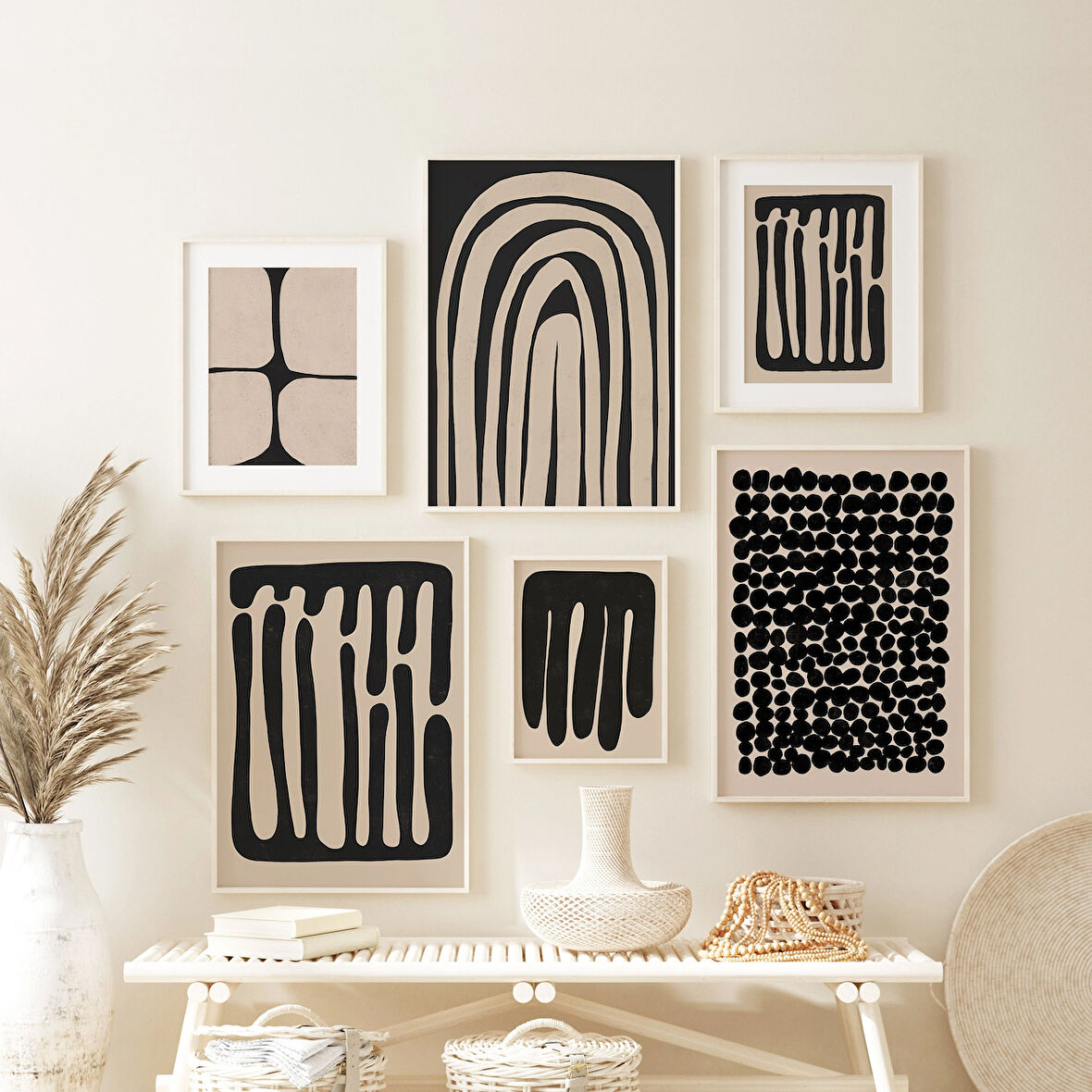 6'lı Duvar Sanatı Seti, Bej Siyah Duvar Sanatı, Sanat, Modern Oda Dekoru, Soyut Şekiller Sanatı