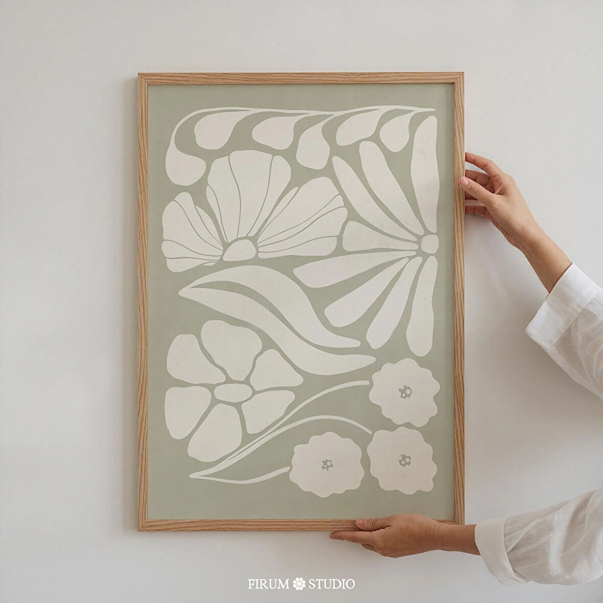 Soyut Çiçek Sanatı, Adaçayı Yeşili Dekor, Japandi Duvar Sanatı, Soyut Botanik