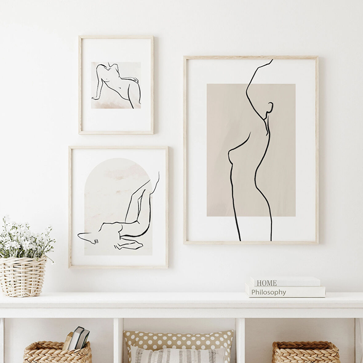 Çizgi Sanatı Çıplak Seti, 3 Parça Duvar Sanatı, 3'lü Set, Kadın Vücudu Çizgi Sanatı, Minimalist Galeri