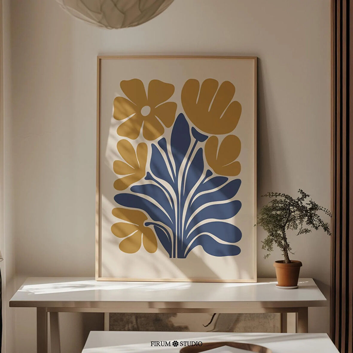 Orta Yüzyıl Modern Sarı ve Mavi Çiçek Sanatı