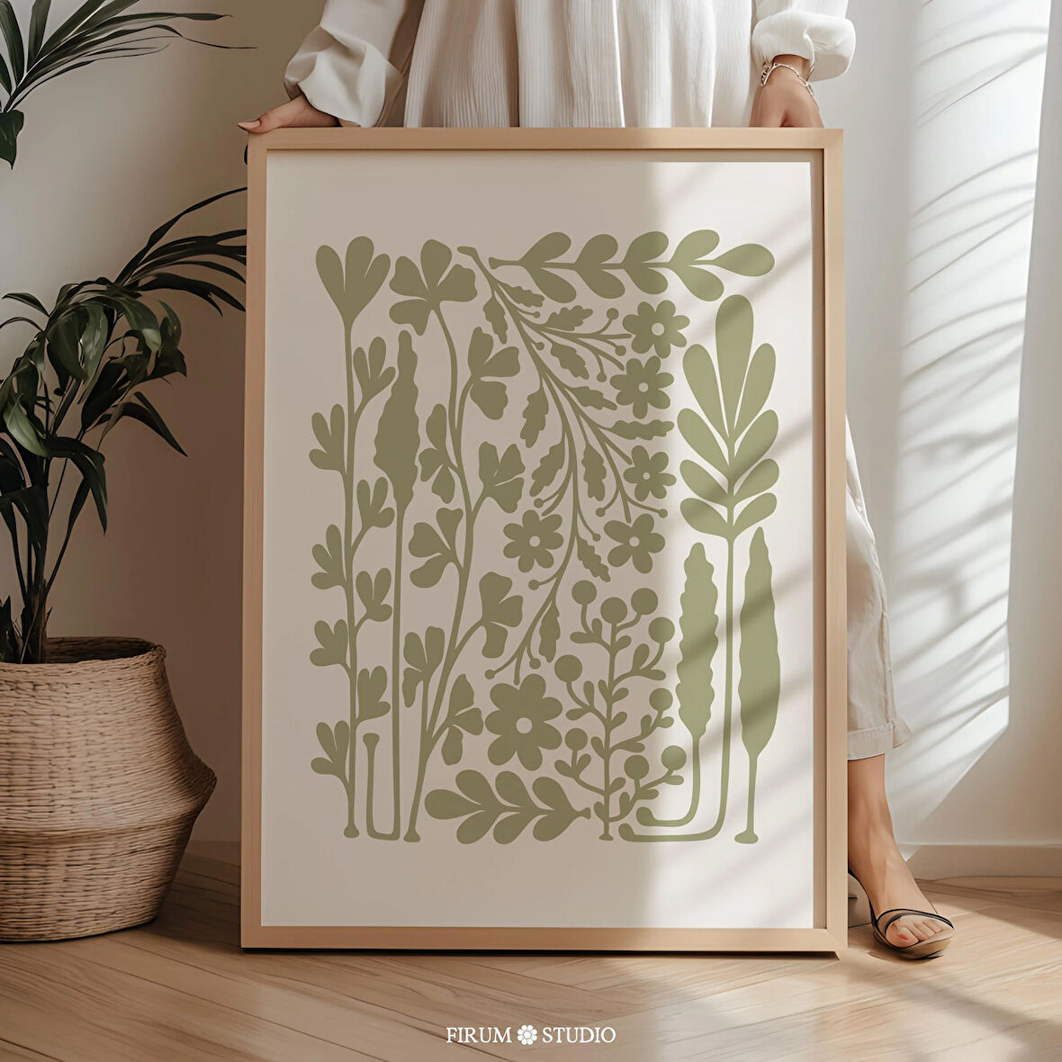 Adaçayı Yeşili Yabani Çiçek Botanik Duvar Sanatı, Sönük Yeşil Doğa Estetiği