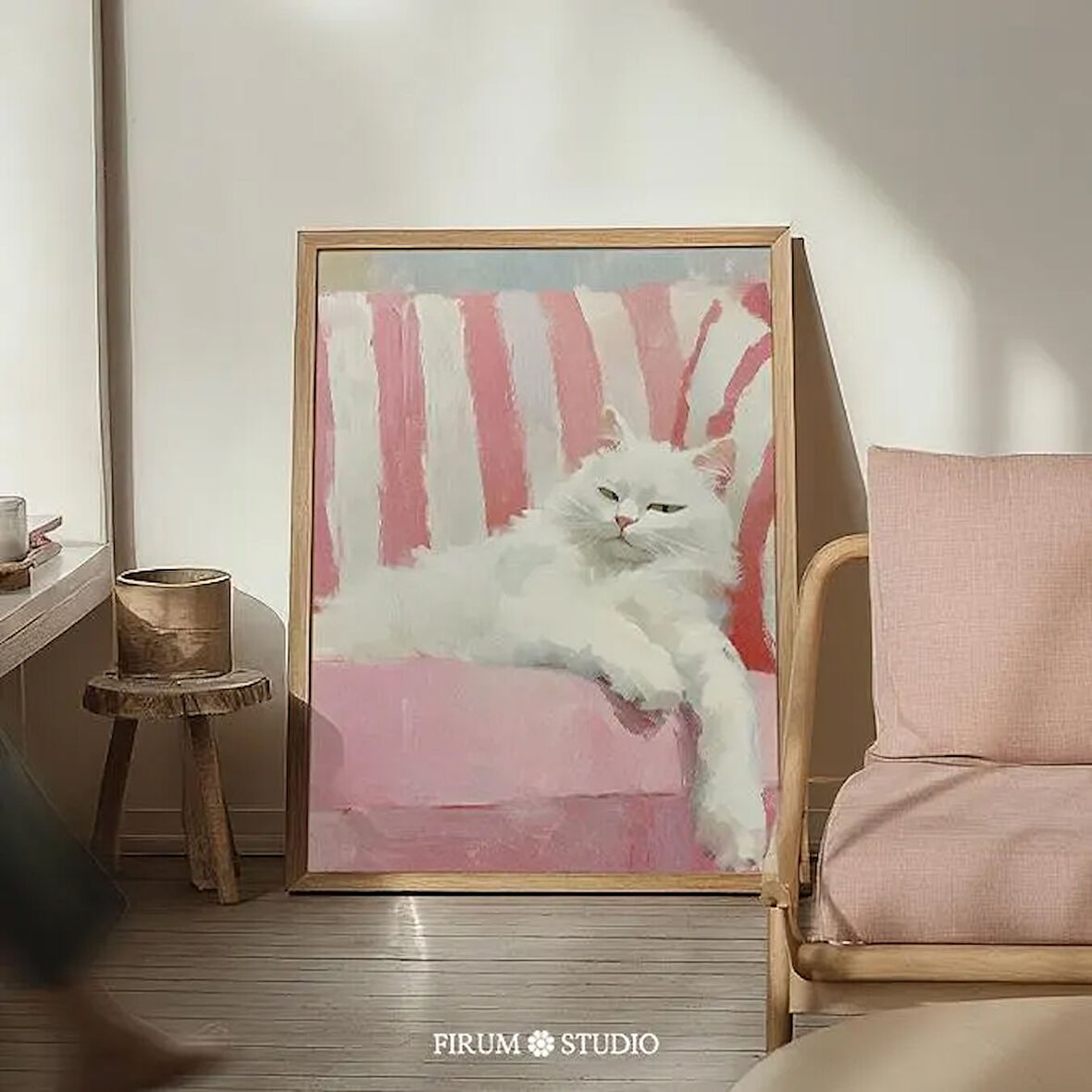 Pembe Çizgili Kanepede Rahat Beyaz Kedi Sanatı