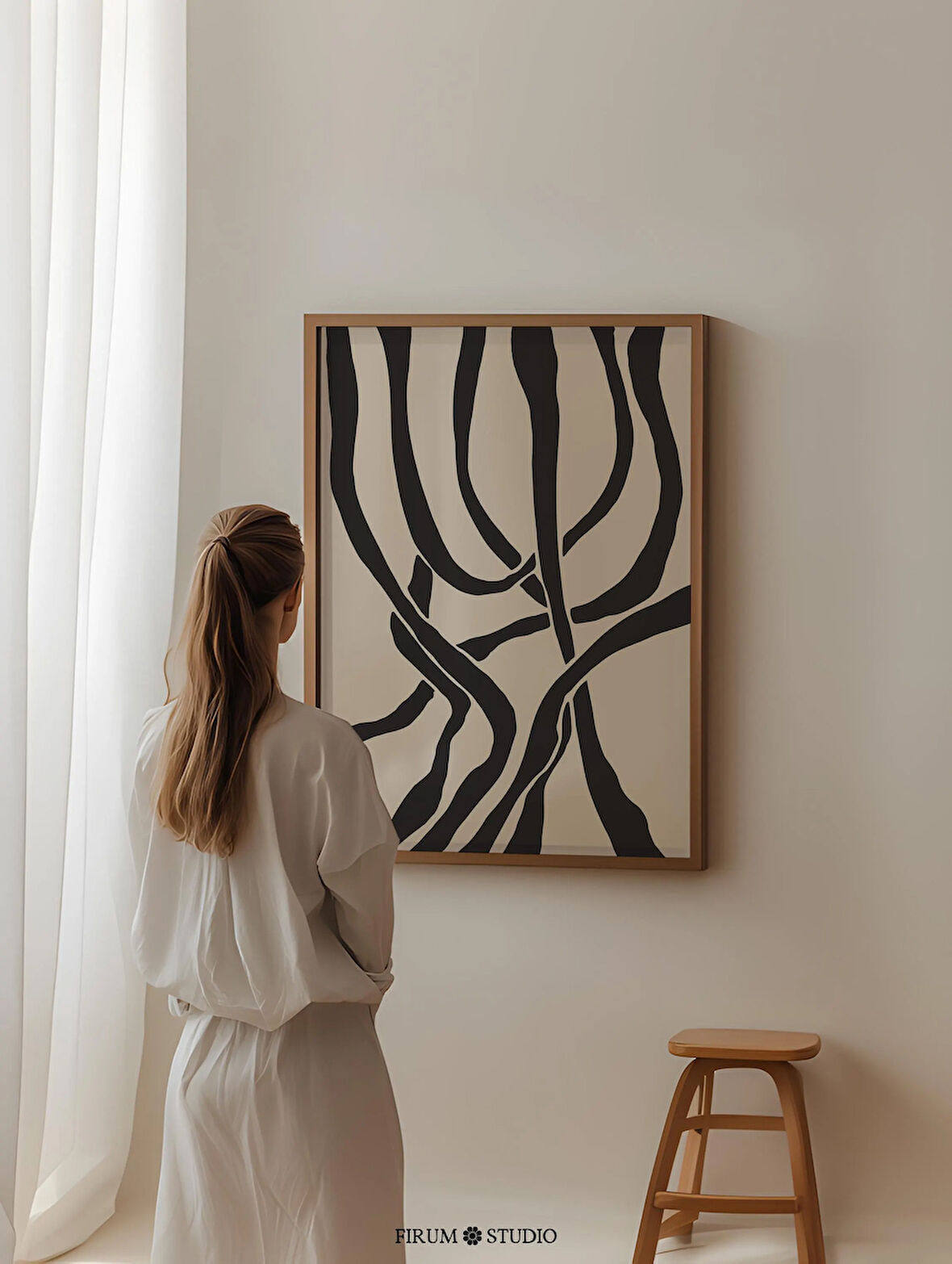 Modern Soyut Çizgiler Sanatı - Loft Tarzı Oturma Odası için Bej ve Siyah Dekor | Şık Ev Dekorasyonu ve Şık Daire Sanatı |