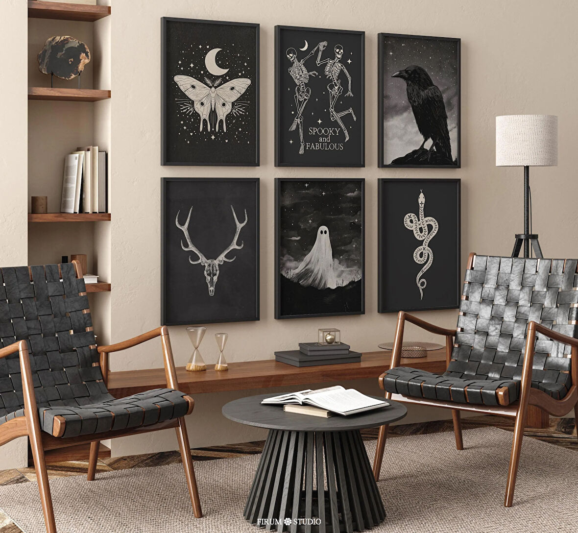 Siyah Beyaz 6'lı Cadılar Bayramı Duvar Sanatı Seti, Dark Academia Duvar Galerisi