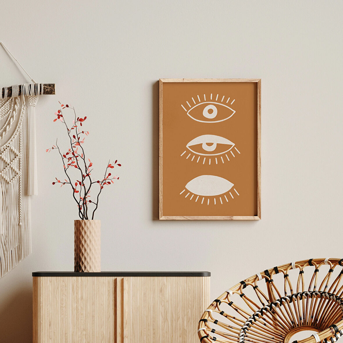 Nazar Boncuğu Duvar Dekoru, Yanık Turuncu, Bohem Ev Dekorasyonu, Toprak Tonlarında Duvar Sanatı