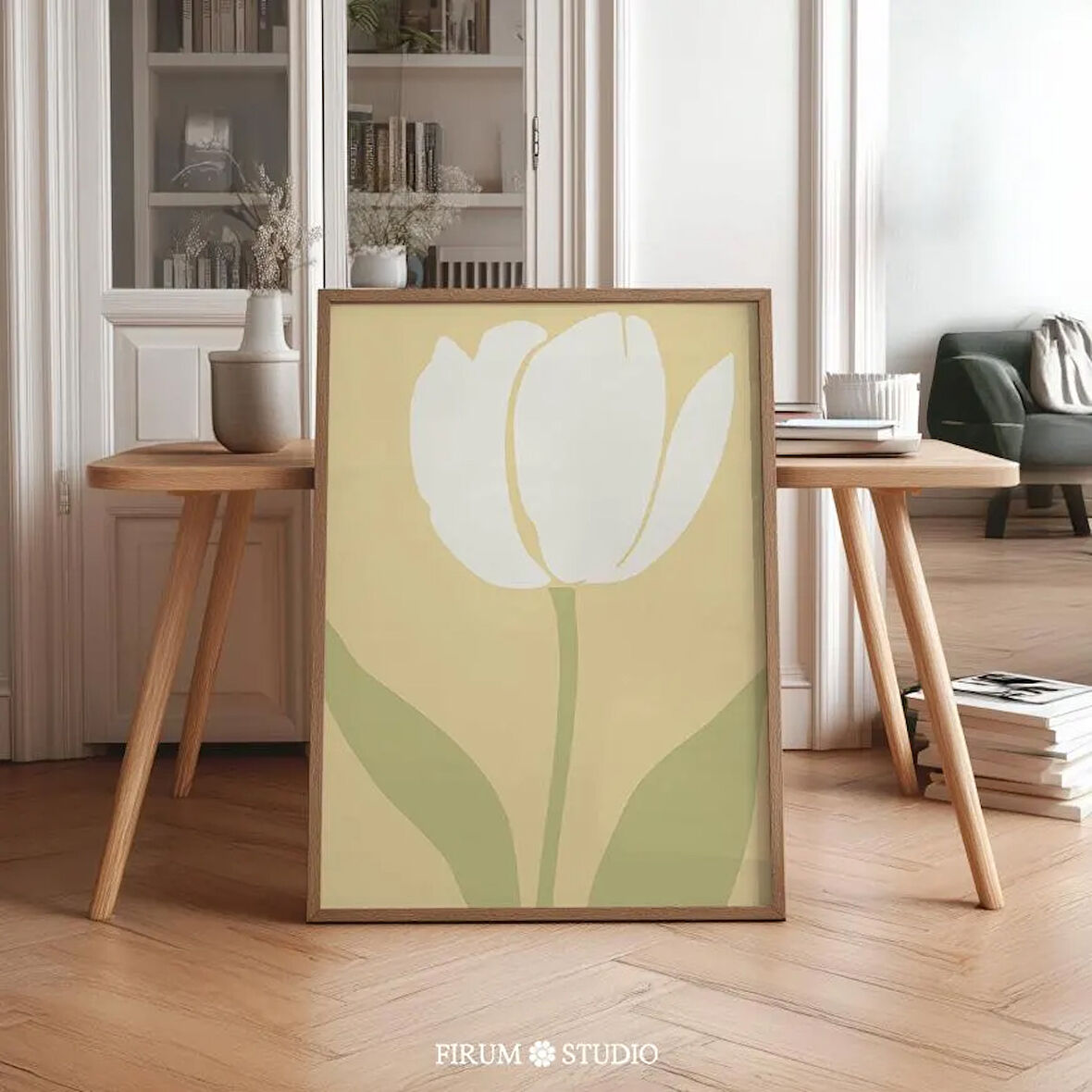 Soyut Lale Duvar Sanatı, Soluk Sarı ve Yeşil Renklerde Minimalist Çiçek Sanatı, Bohem Ev Dekorasyonu