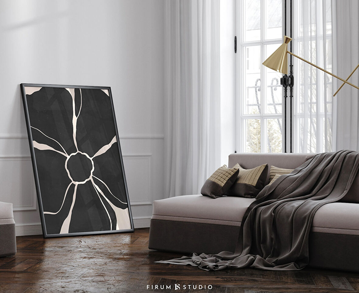 Siyah ve Bej Çiçek Sanatı, Duvar Sanatı, Organik Minimalist, Soyut Botanik