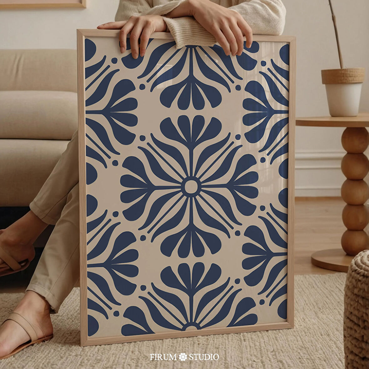 Mavi ve Bej Soyut Çiçek Desenli