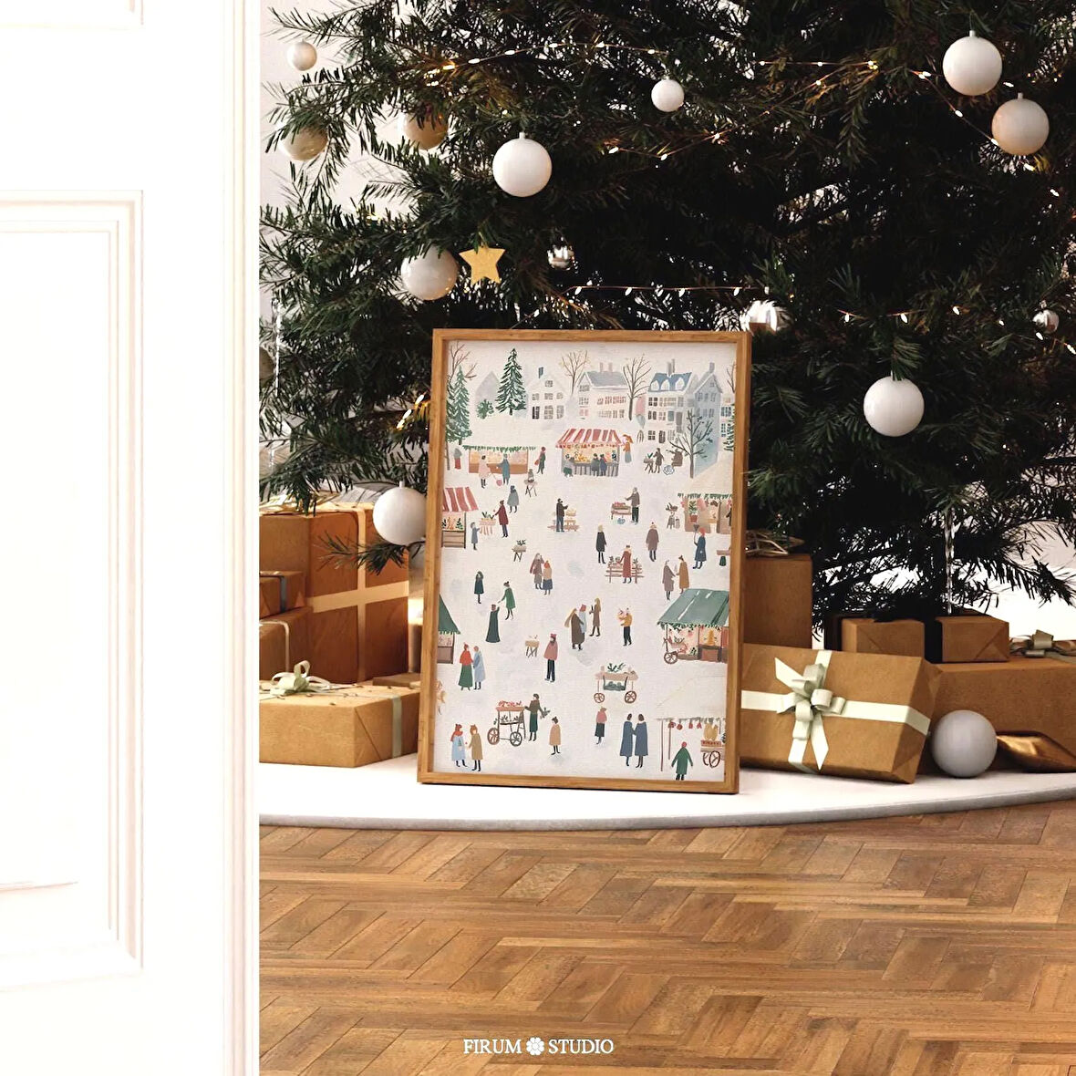 Retro Noel Pazarı Sanatı - Şenlikli Duvar Dekoru | Eklektik Daireler ve Çocuk Odası Dekorasyonu için Noel Sanatı |