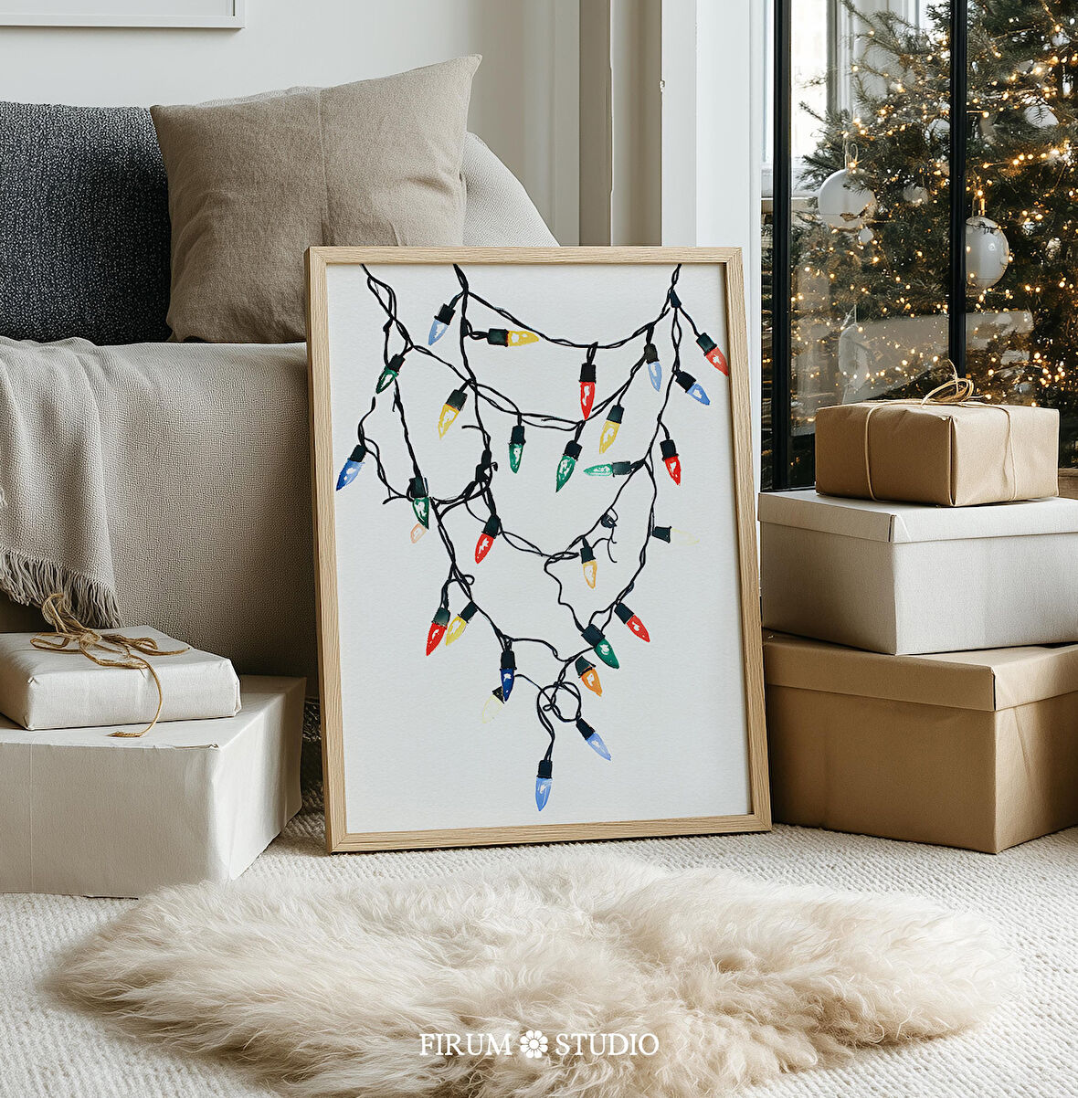 Retro Noel Işıkları Sanatı - Şenlikli Duvar Dekoru | Eklektik Daireler ve Çocuk Odası Dekorasyonu için Noel Sanatı |