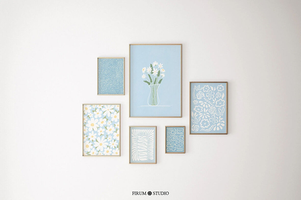 Gök Mavisi Duvar Sanatı Seti 6'lı Boho, 6'lı Set