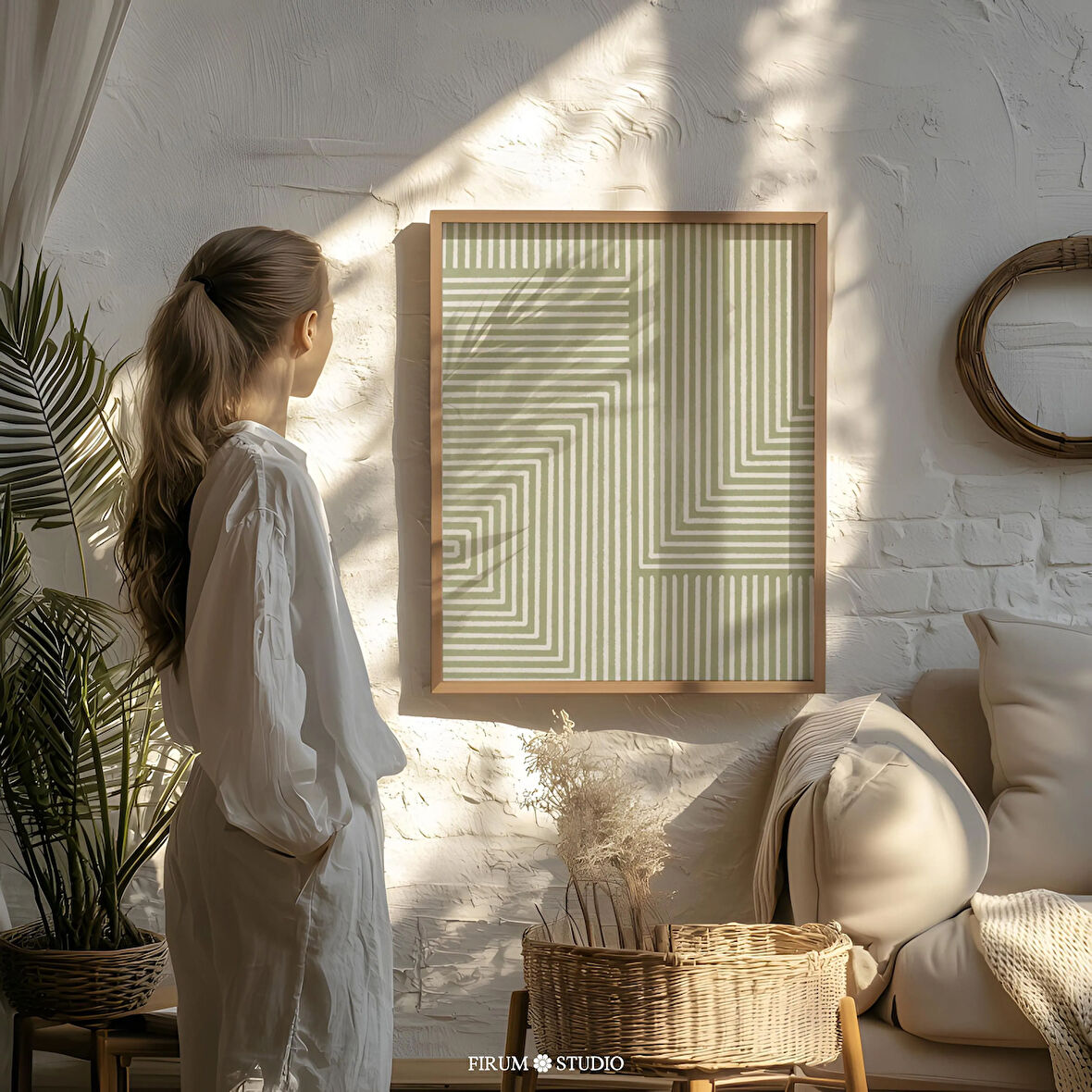 İnce Çizgi Adaçayı Yeşili Duvar Sanatı, Minimalist Çizgi Sanatı, Geometrik Duvar Sanatı