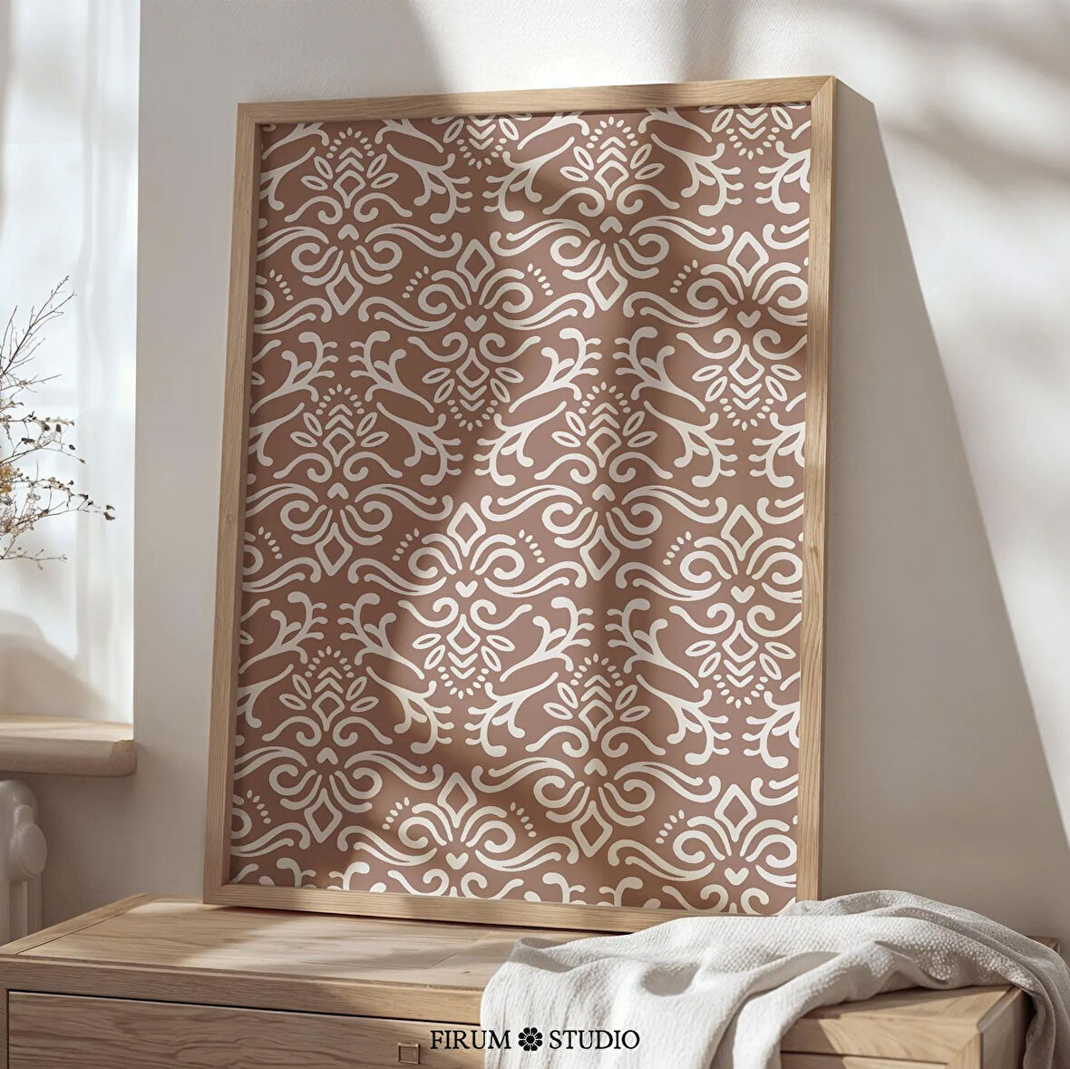 Kahverengi ve Beyaz Damask, Bohem Geometrik Desen Sanatı