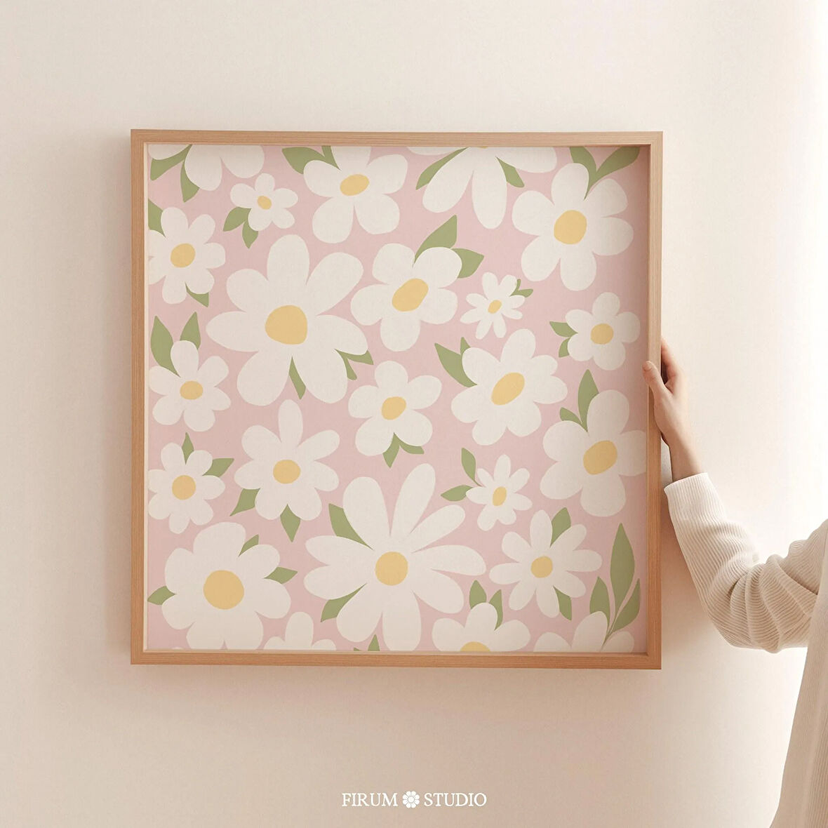 Pastel Pembe Papatya Kare Poster Duvar Sanatı, Çiçekli Çocuk Odası Sanatı