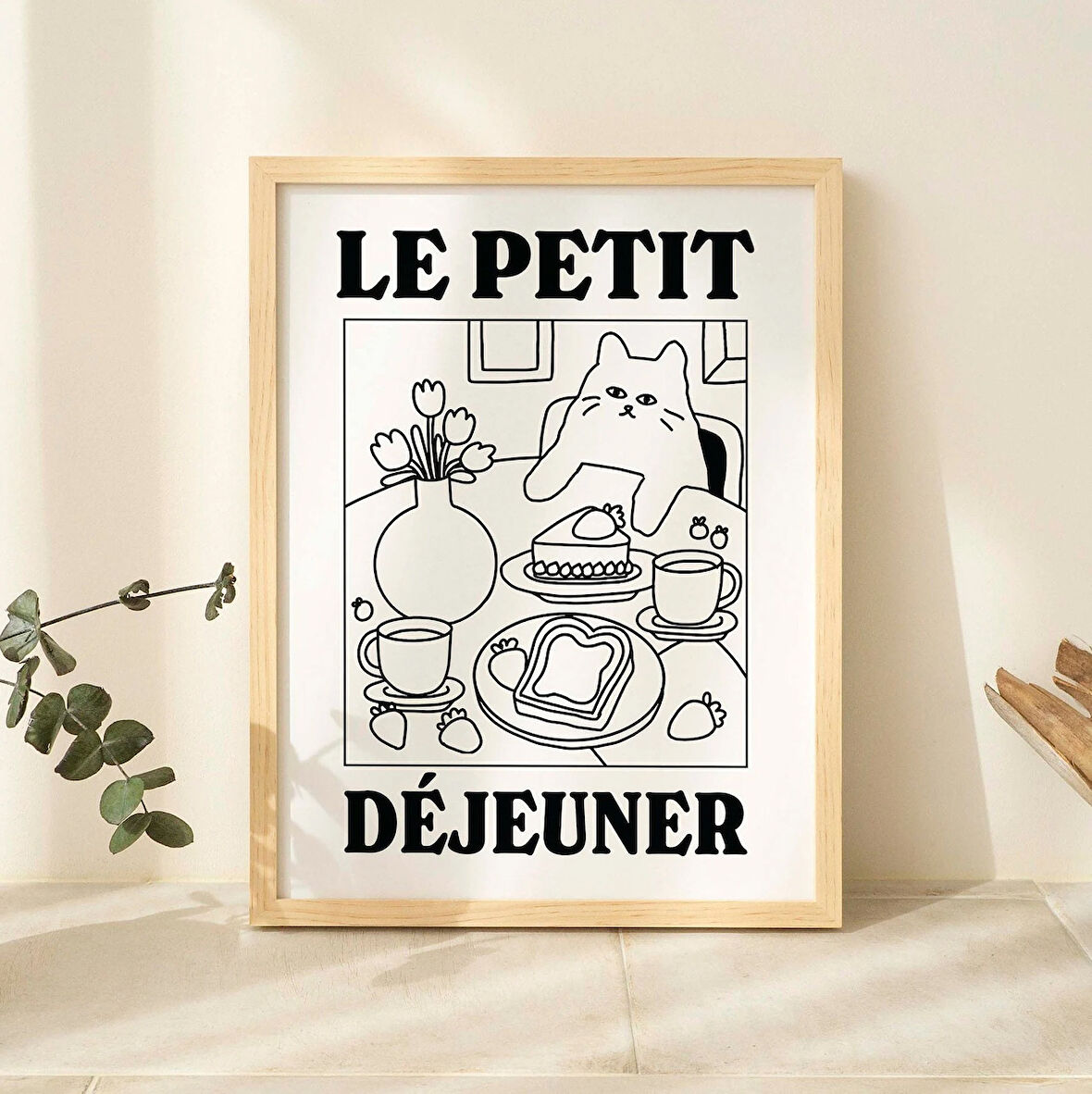 Fransız Kafe Kedi Baskısı, Retro İçecek Posteri, Bistro Kahve Kek Posterleri, Le Petit Dejeuner Kahvaltısı