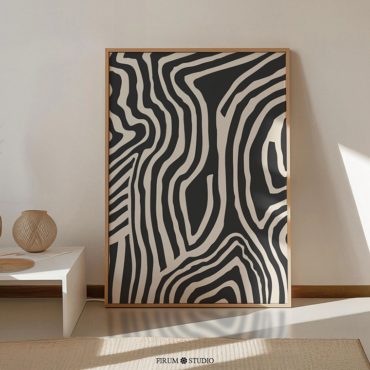 Soyut Siyah ve Krem Çizgi Sanatı, Oturma Odası İçin Geometrik Duvar Dekoru