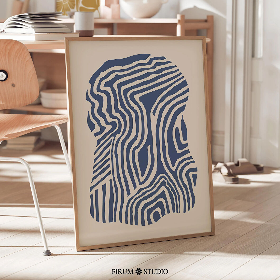 Modern Soyut Çizgi Sanatı, Lacivert ve Krem Rengi Sanat