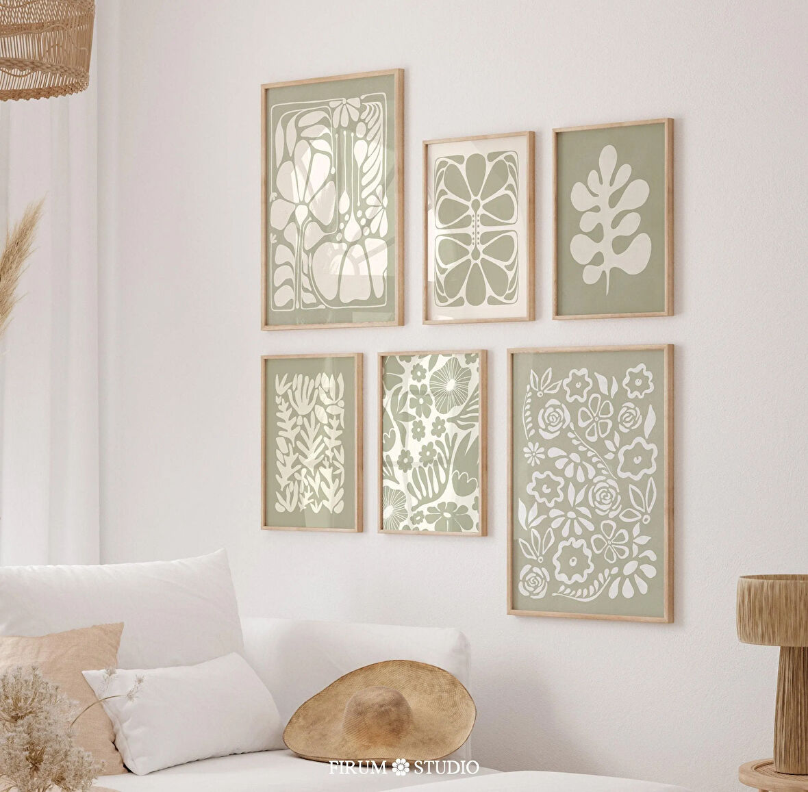 6 Parçalı Sönük Yeşil Soyut Çiçekli Duvar Sanatı, Adaçayı Yeşili Estetik