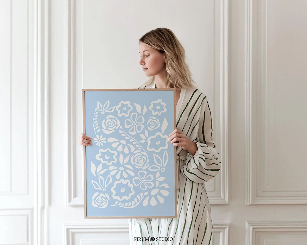 Gök Mavisi Soyut Çiçekli Duvar Sanatı, Sönük Açık Mavi Çiçek Sanatı