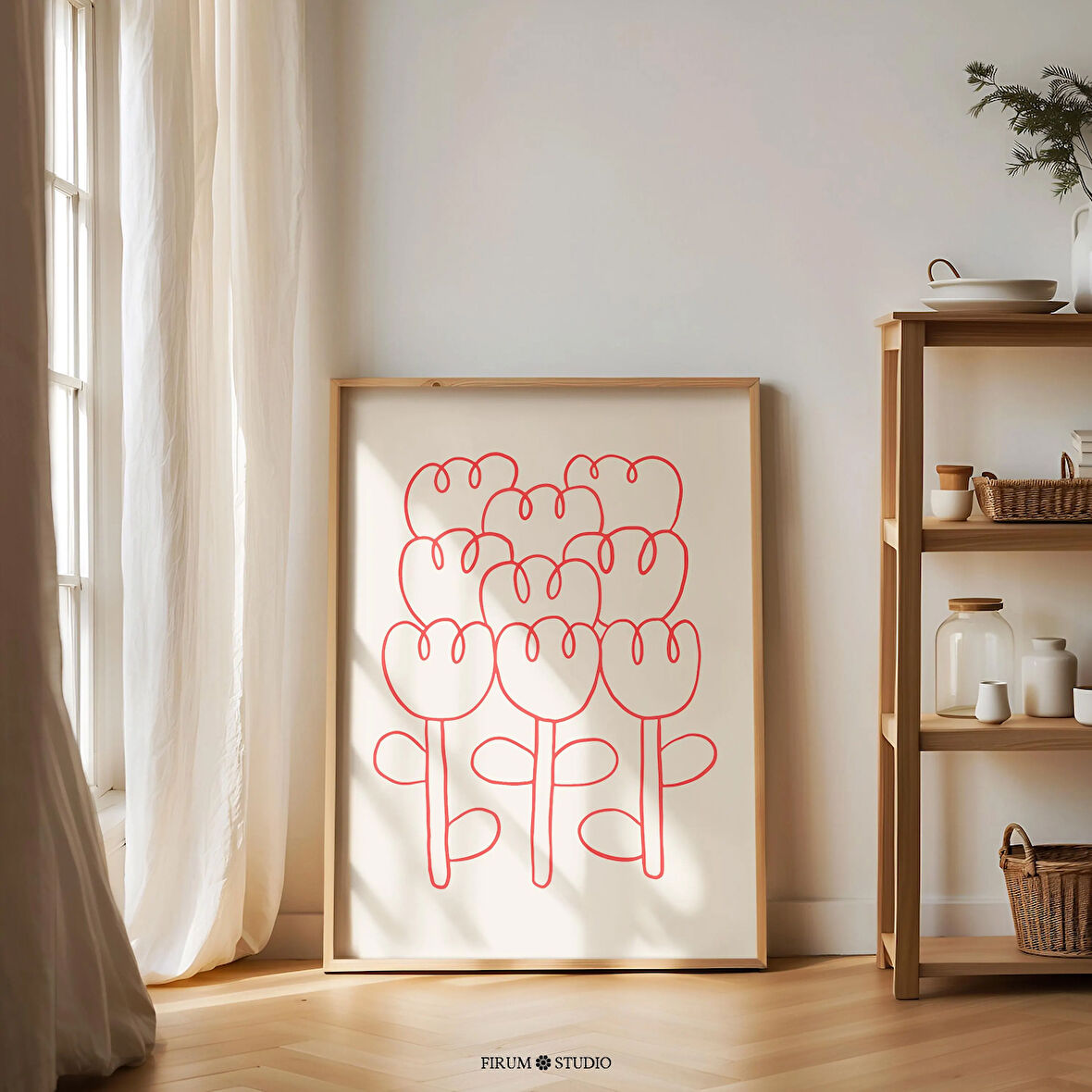 Kırmızı Çizgi Sanatı Çiçek, Minimalist Çiçek Duvar Sanatı