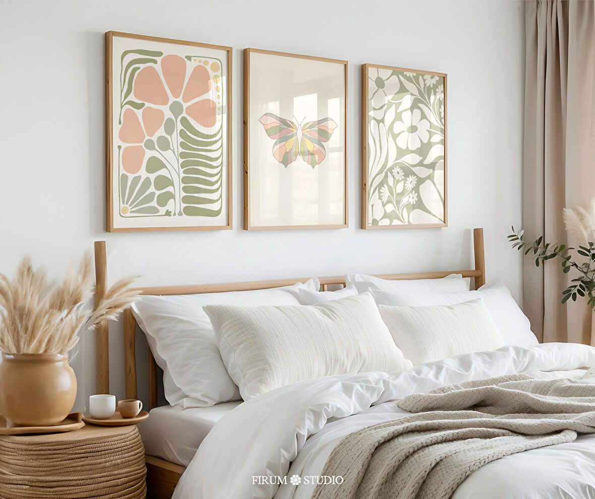 3'lü Boho Pastel, Sevimli Kelebek ve Botanik Sanat Posterleri