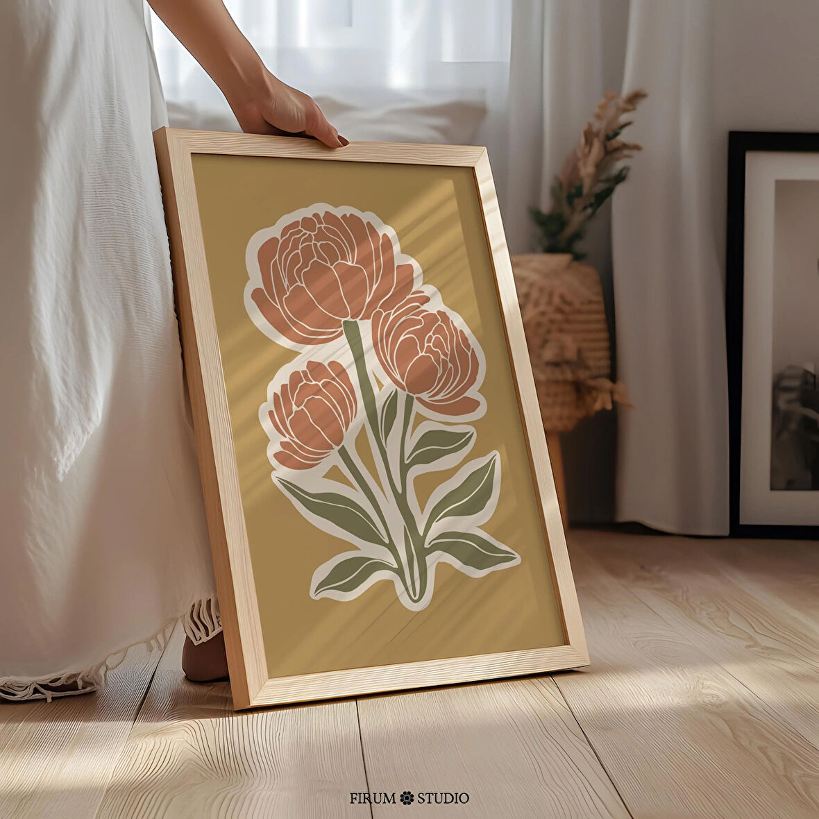 Sarı ve Yeşil Çiçekli - Toprak Tonları Duvar Sanatı ve Sıcak Tonlar Estetik Boho Dekor | Sönük Renkler Organik Sanat |