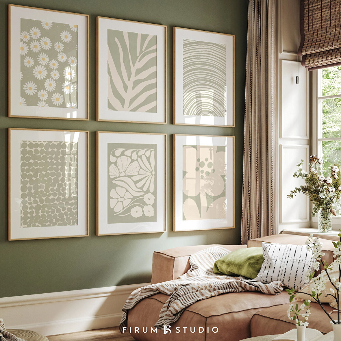 Adaçayı Yeşili Set, Japandi Dekor, Galeri Duvarı, 6'lı Set