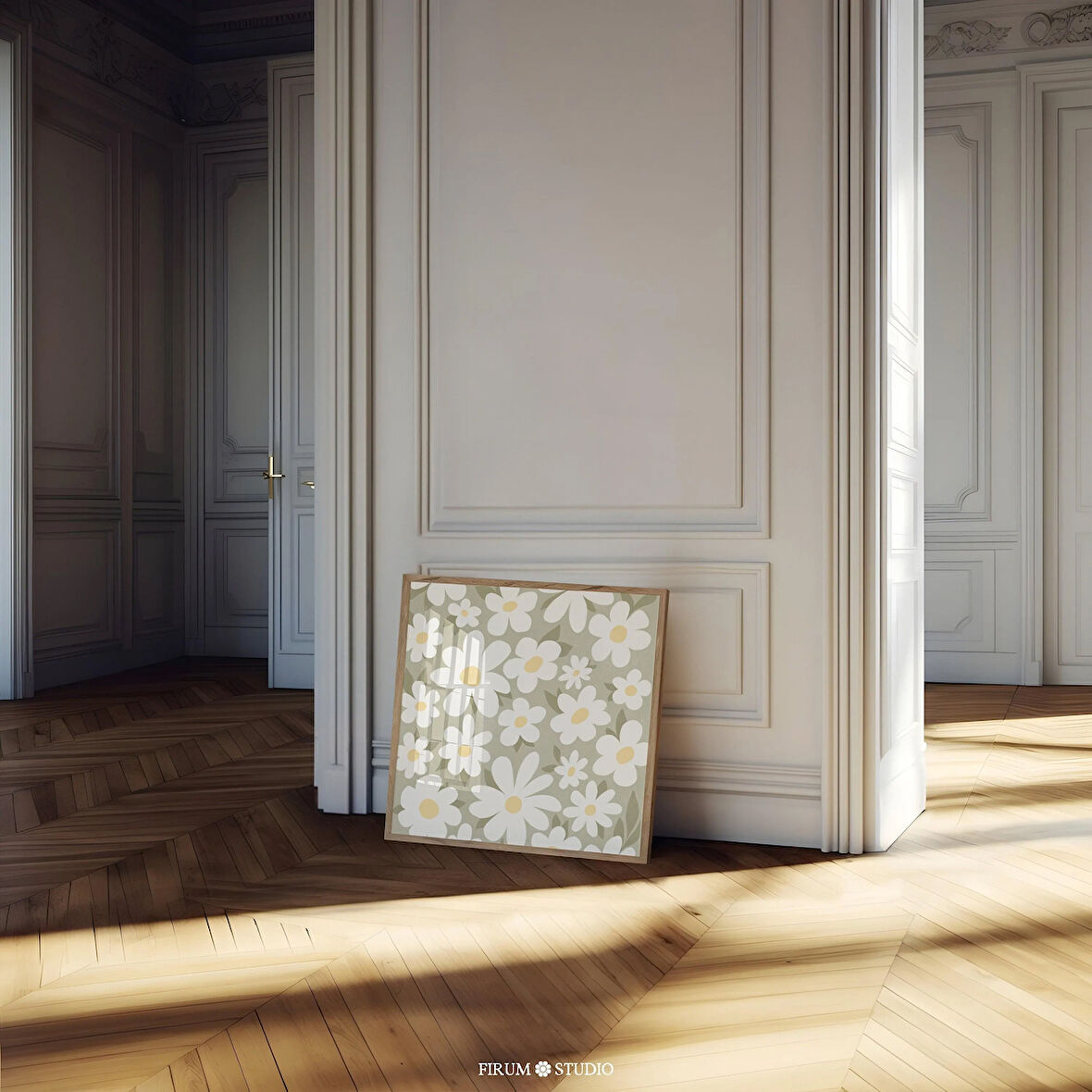 Adaçayı Yeşil Papatyalar Sanatı, Sönük Yeşil Kare Duvar Sanatı, Çiçek Duvar Dekoru