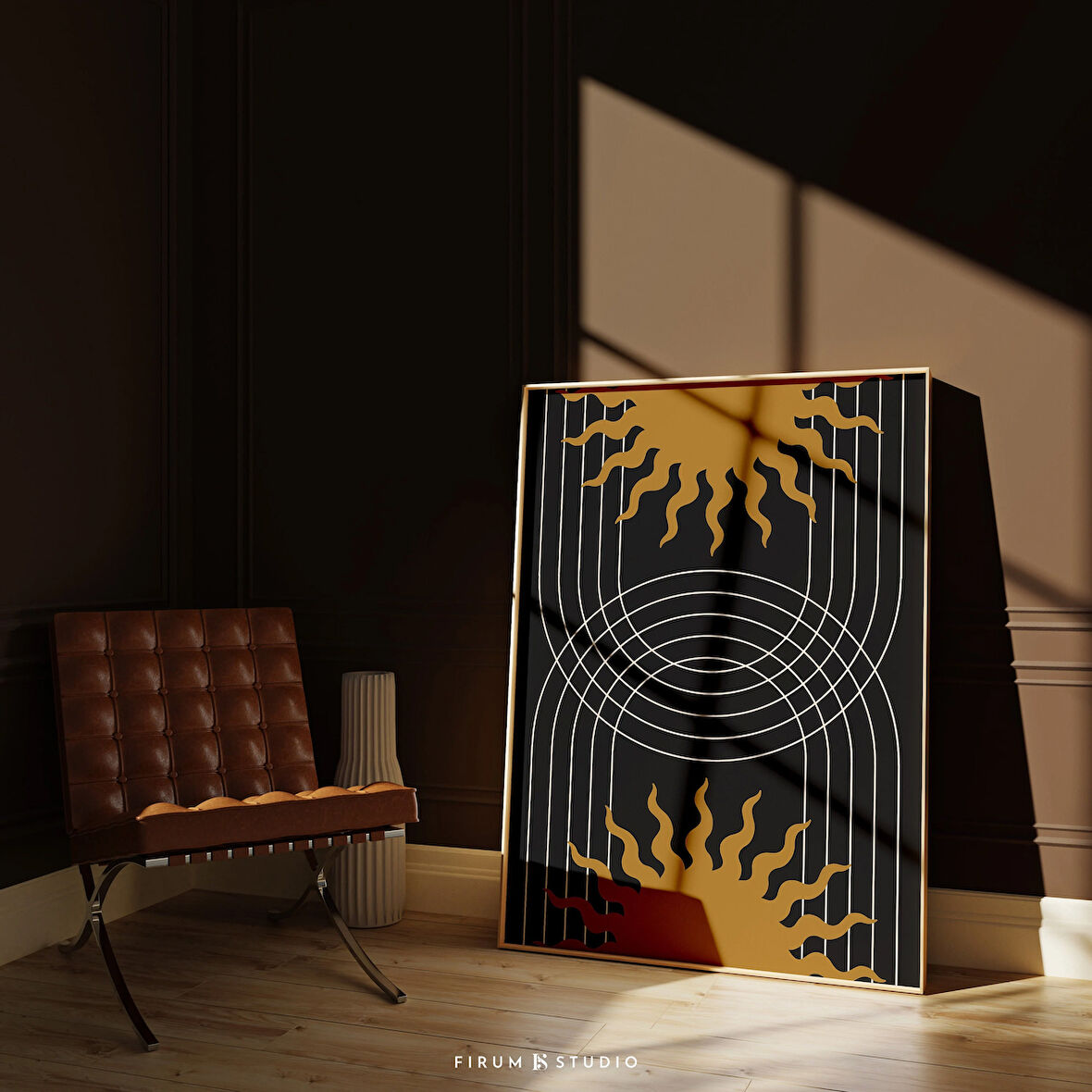 Orta Yüzyıl Modern, Güneş Sanatı, Soyut Gökkuşağı, Hardal Sarısı Sanat, Minimalist Çizgiler