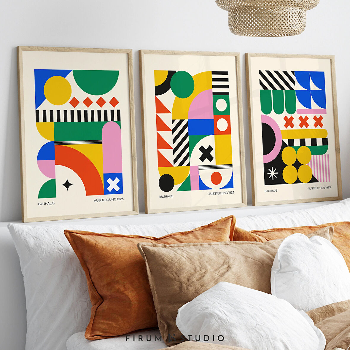 3'lü Geometrik Bauhaus Duvar Sanatı Seti, Parlak Renkler