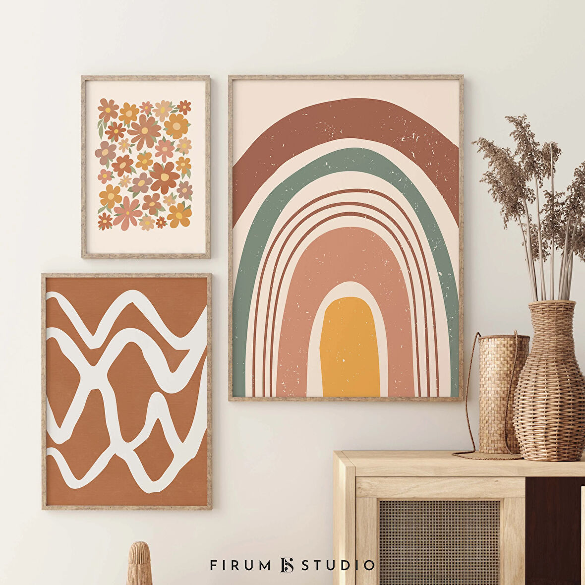 Boho Duvar Sanatı Seti, Toprak Tonları Duvar Sanatı, 3'lü Sanat Seti, Galeri, Yaz Galerisi Seti