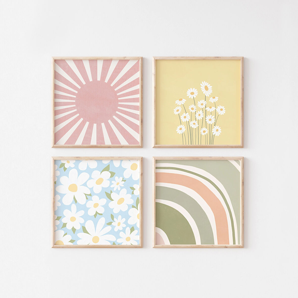 Kare Duvar Sanatı Seti, Danimarka Pastel Dekoru, 4'lü Set, Renkli Duvar Sanatı, Duvar Sanatı