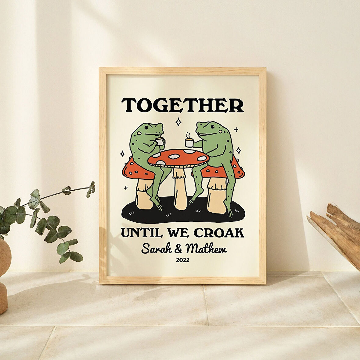 ÇERÇEVELİ Özel Kahve Kurbağası Baskısı, Kişiye Özel Çift Hediyesi, Retro Mantar İllüstrasyonu, Yıldönümü Hediye Fikri, Siyah