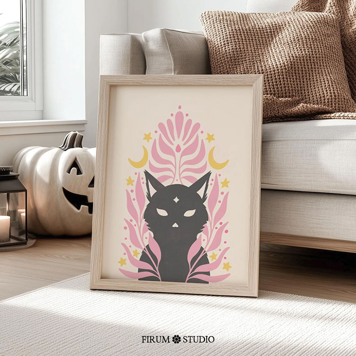 Pastel Cadı Kedi Cadılar Bayramı Sanatı, Sevimli Siyah Kedi Mistik Dekor