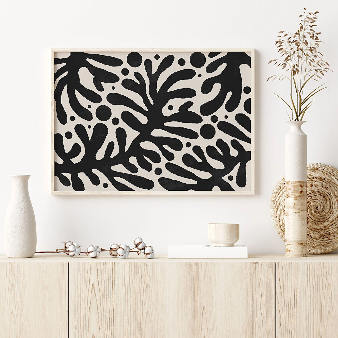 Soyut Botanik, Yatay Duvar Sanatı, Siyah Bej Duvar Sanatı, Botanik Poster