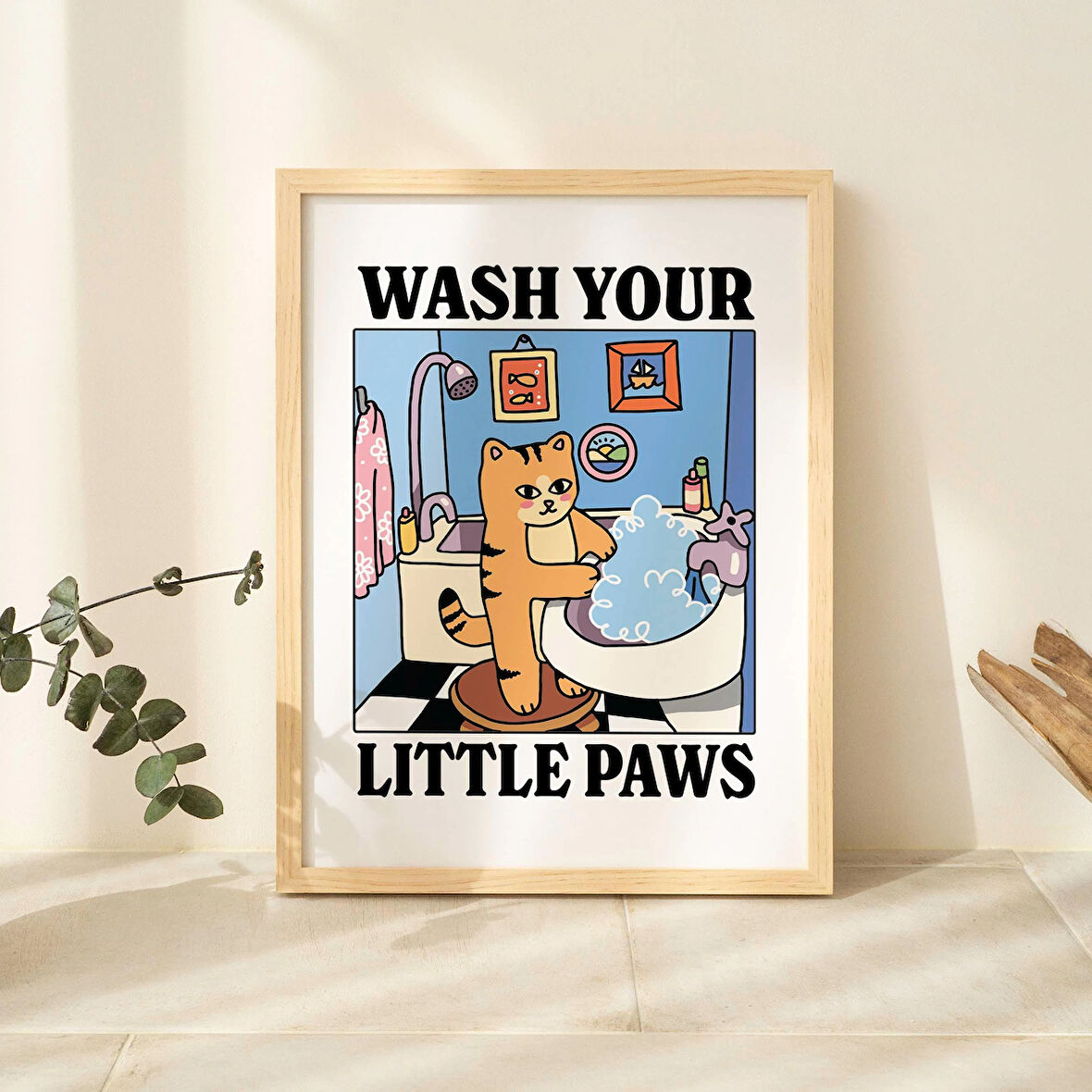 ÇERÇEVELİ Patilerini Yıka Turuncu Kedi Baskısı, Sevimli Banyo Posteri, Tuvalet Odası, Retro Çamaşır Odası Dekoru, Renkli Posterler