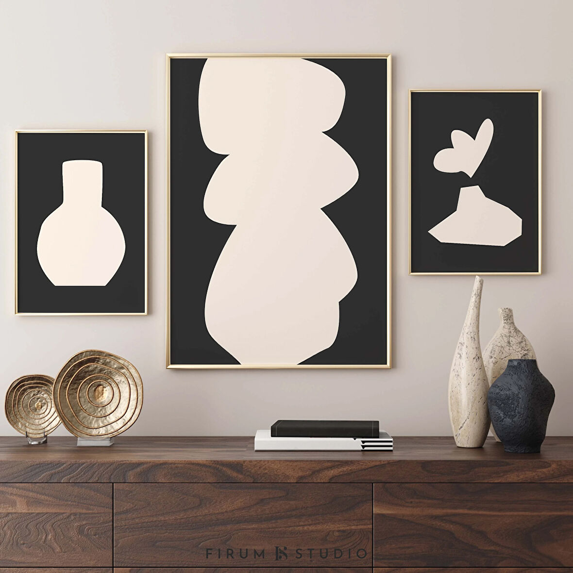 Mid Century Gallery, 3'lü Duvar Sanatı Seti, Siyah Bej Soyut, Organik Şekiller