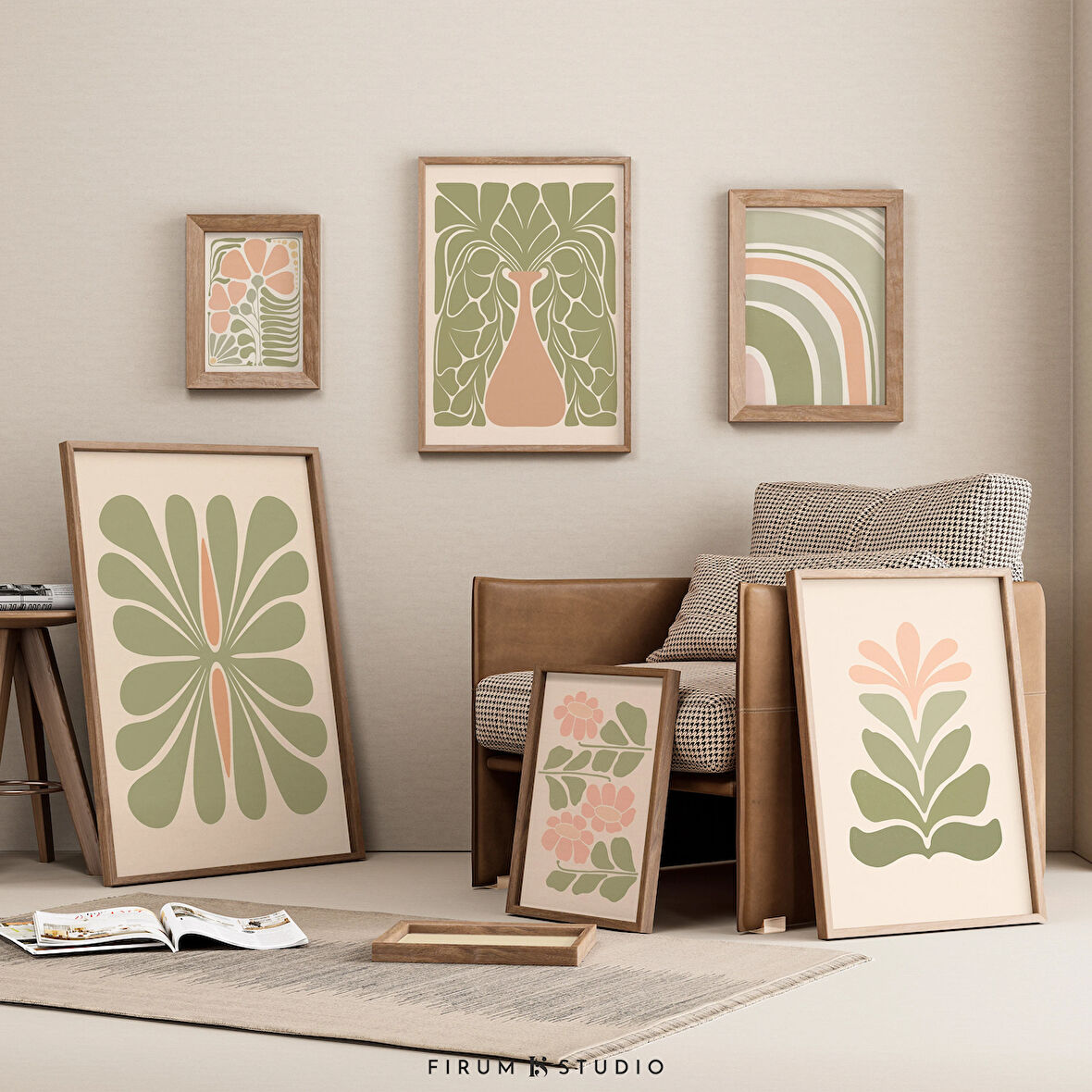 Adaçayı Yeşili ve Allık Boho Stili 8'li Set, Soyut Botanik Pastel Yeşil Eklektik Galeri Seti |