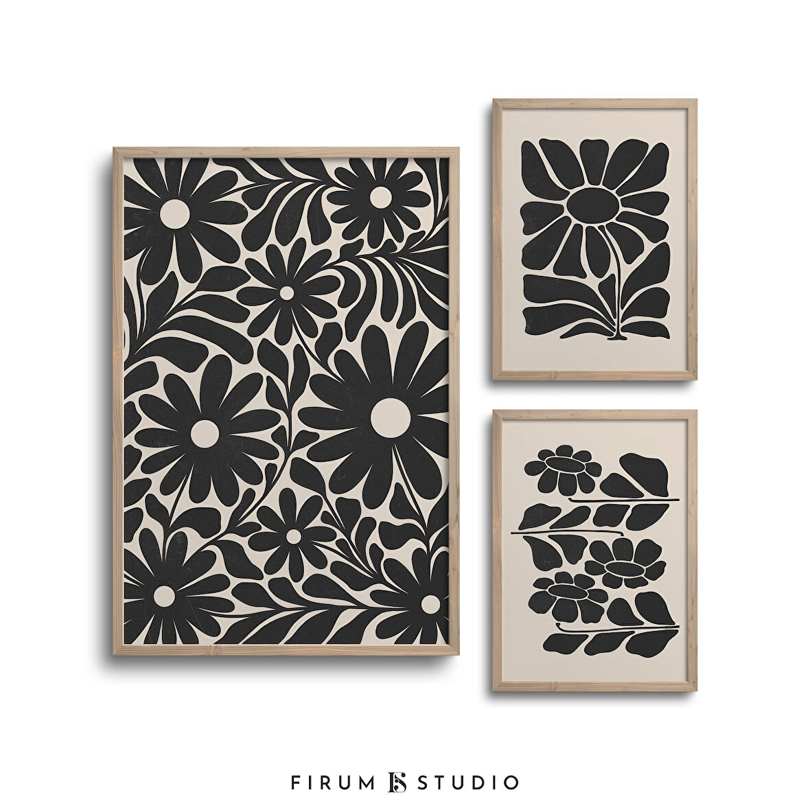 Çiçek Galerisi Seti, Siyah Bej 3'lü Set, Botanik Set, Bohem 3'lü Set