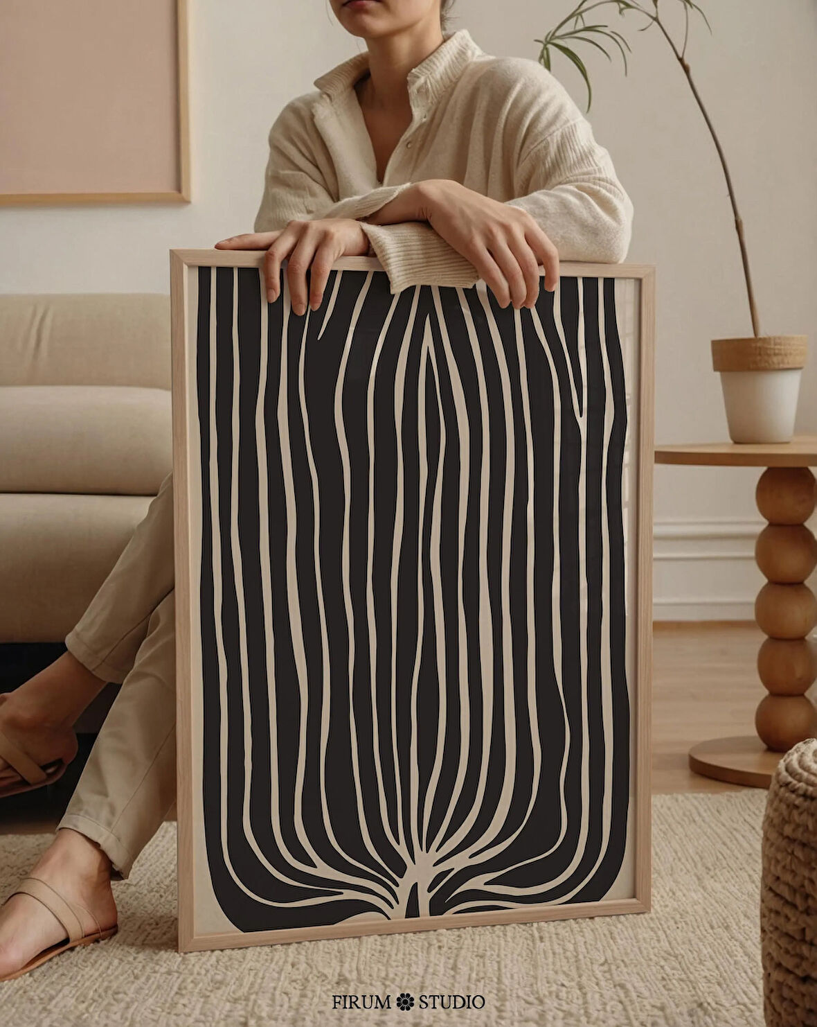 Loft Estetiği için Orta Yüzyıl Modern Bej ve Siyah Soyut Çizgiler Poster | Vurgu Duvarları için Büyük Sanat |