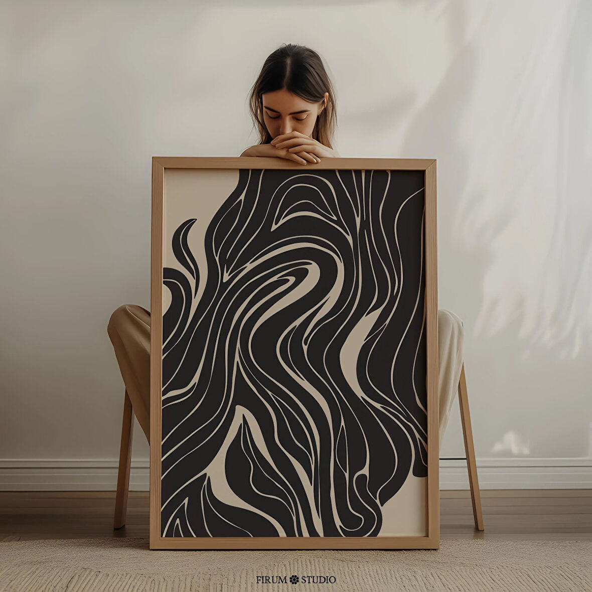 Büyük Bej ve Siyah Soyut Organik Çizgiler Sanatı - Kasvetli Oturma Odaları İçin Orta Yüzyıl Modern |